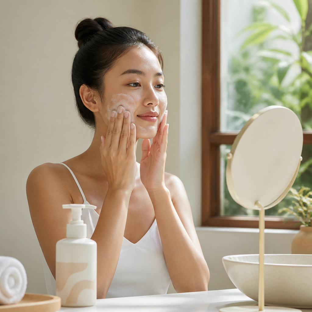Người phụ nữ làm sạch da mặt nhẹ nhàng chuẩn bị cho buổi chẩn đoán AI
