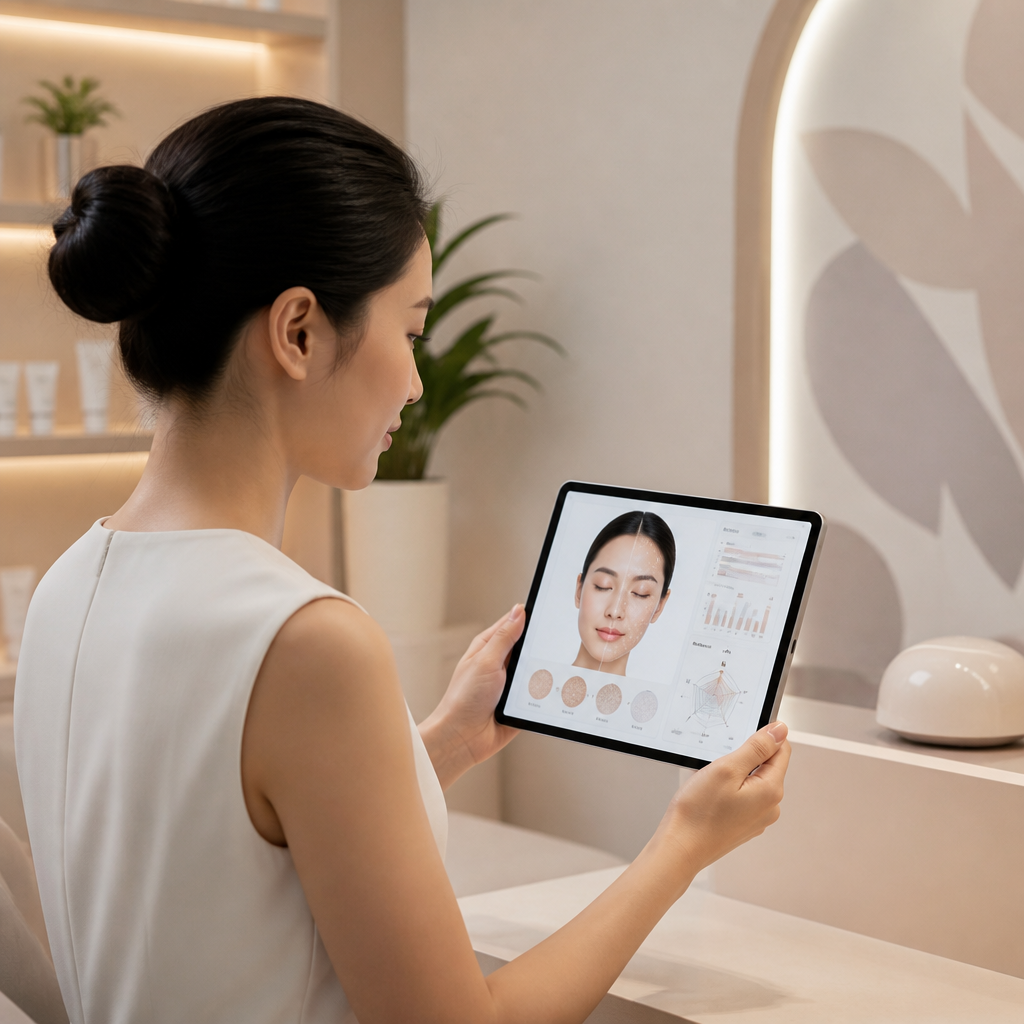 Người phụ nữ đọc và phân tích báo cáo chẩn đoán da AI chi tiết