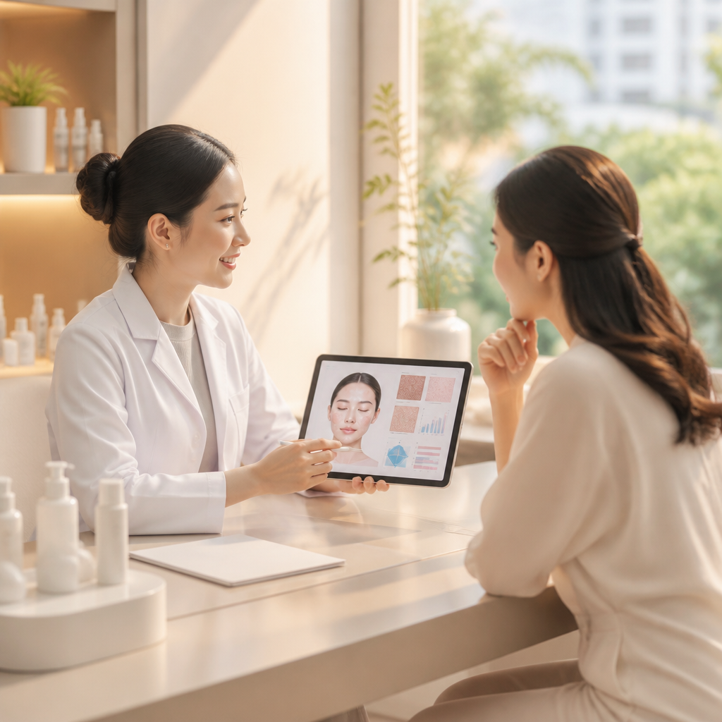 Chuyên gia Thẩm Mỹ Thu Lâm tư vấn khách hàng dựa trên kết quả chẩn đoán AI
