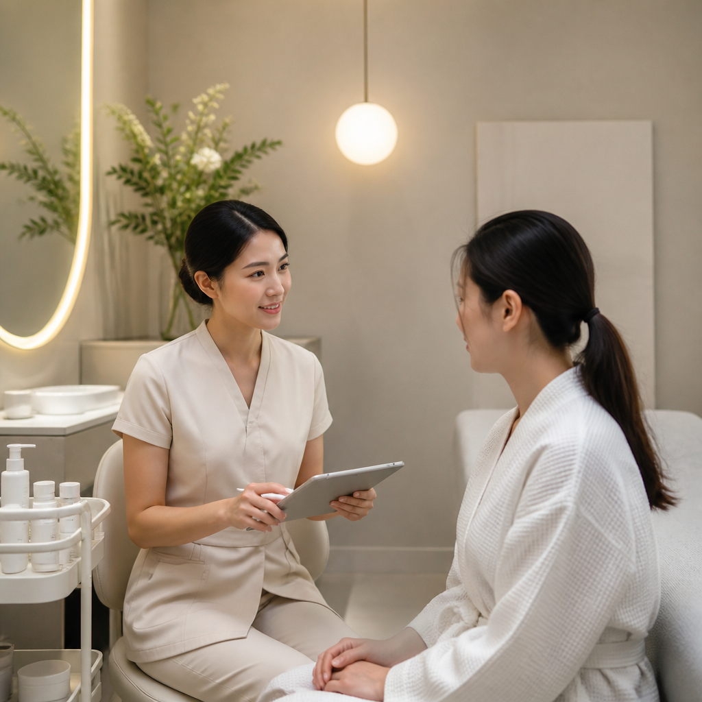 Chuyên gia thẩm mỹ uy tín 2026 E-E-A-T đang tư vấn khách hàng trong không gian spa hiện đại