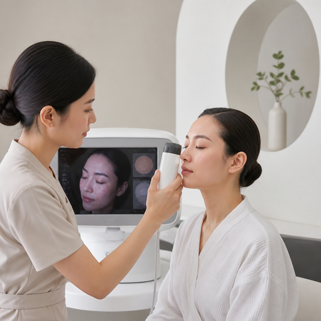 Chuyên gia thẩm mỹ sử dụng thiết bị chẩn đoán da trên gương mặt khách hàng