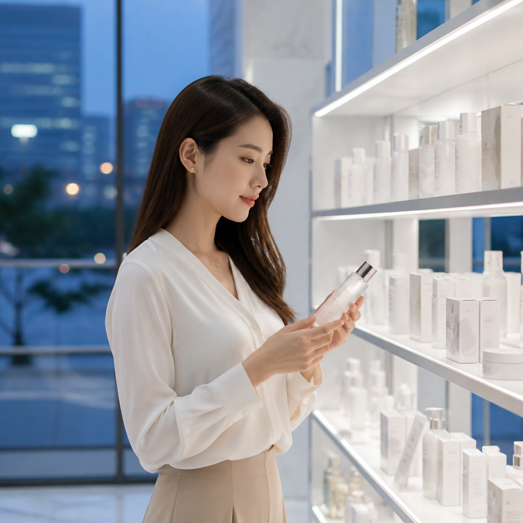 Người phụ nữ đang xem xét sản phẩm chăm sóc da trong cửa hàng mỹ phẩm
