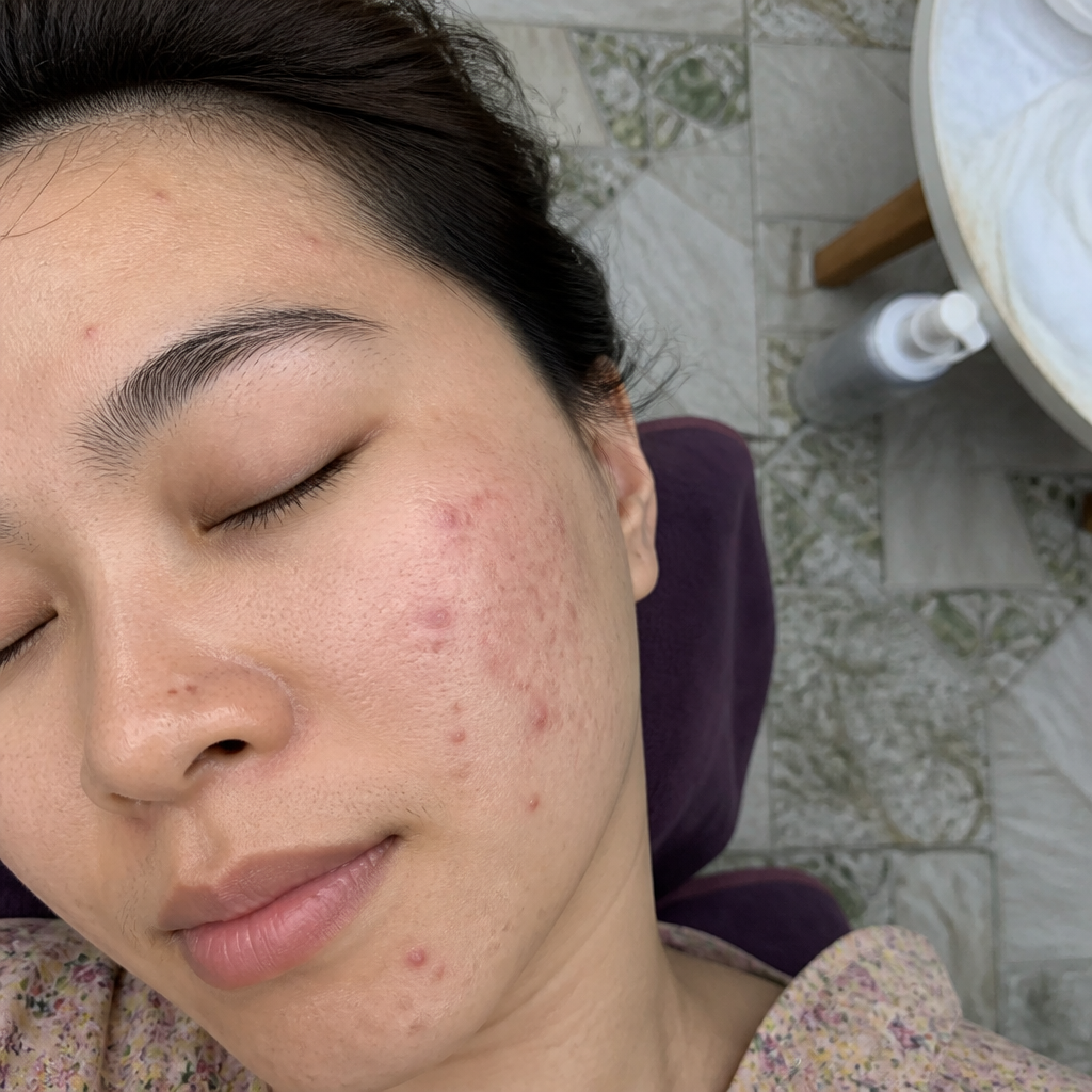 Hình ảnh cận cảnh làn da bị hư tổn với các dấu hiệu sạm nám, sẹo và mụn.