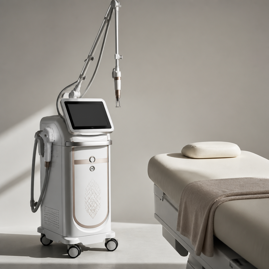 Máy Laser thẩm mỹ hiện đại đang thực hiện liệu trình trên da mặt khách hàng.