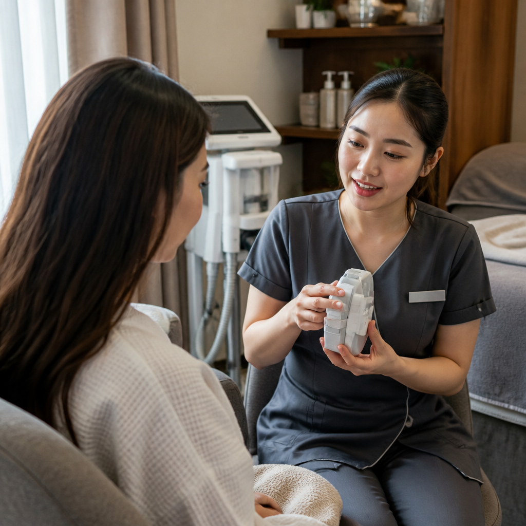 Khách hàng đang được chuyên gia tư vấn về tình trạng cơ thể để lập kế hoạch giảm béo an toàn ca lâm sàng.
