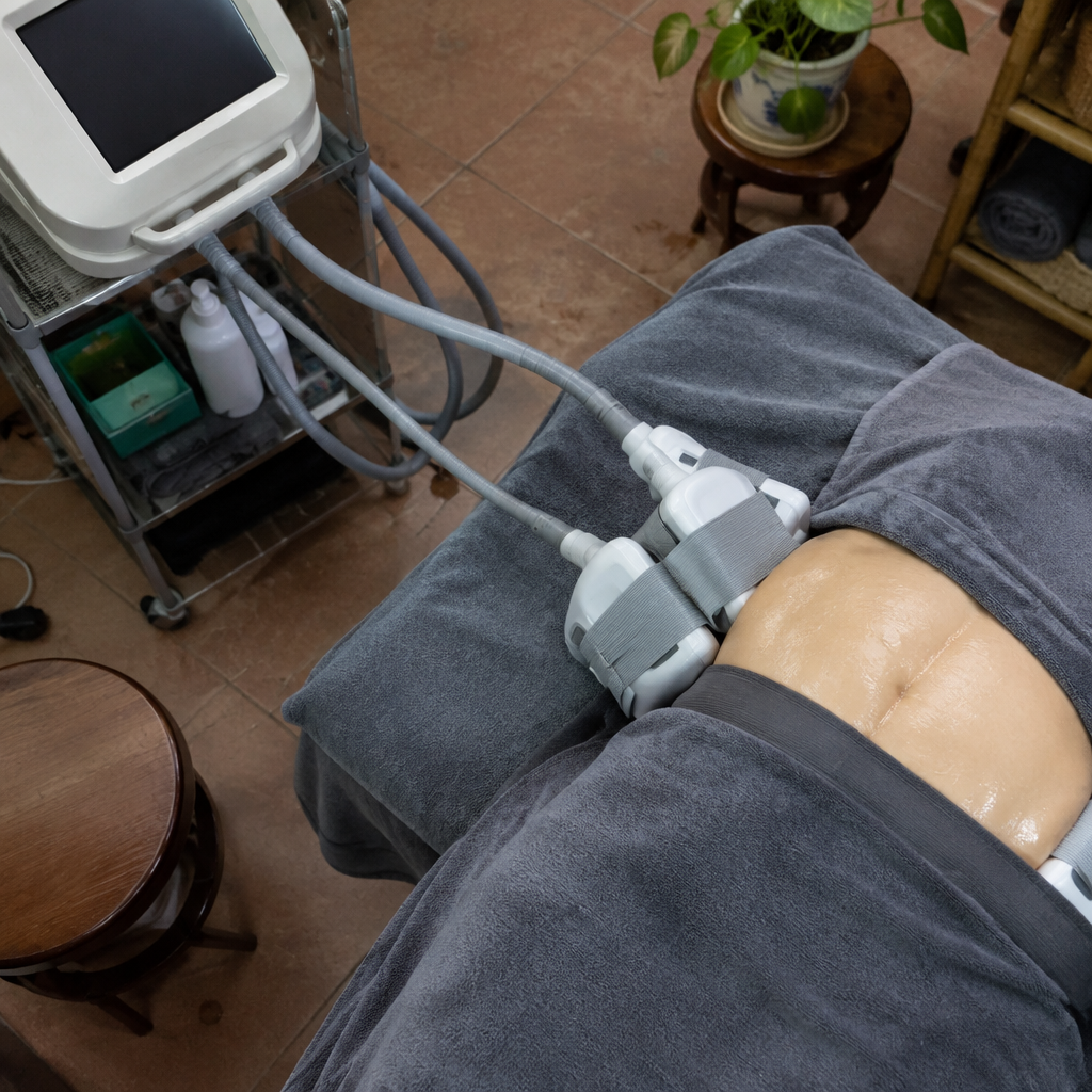 Khách hàng đang trải nghiệm liệu trình giảm béo bụng hiệu quả tại spa với thiết bị công nghệ cao.