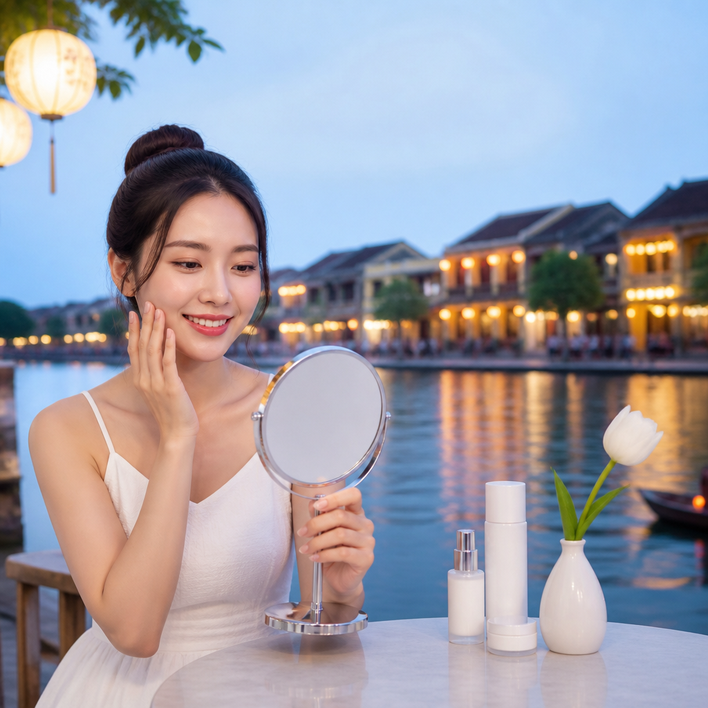 Người phụ nữ mỉm cười hài lòng với làn da sáng khỏe, kết quả của information gain trong chăm sóc da.