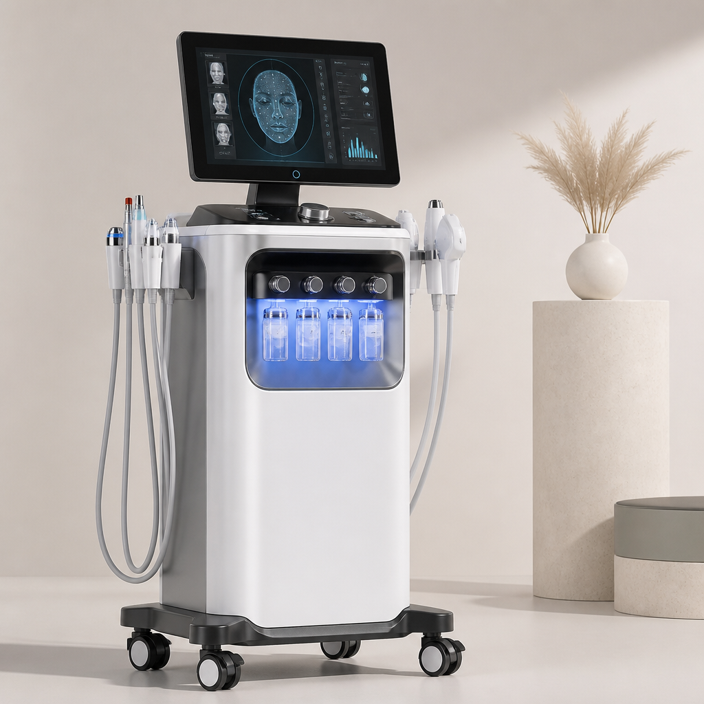 Thiết bị chăm sóc da mặt chuyên sâu đang được sử dụng để làm sạch và nuôi dưỡng làn da.