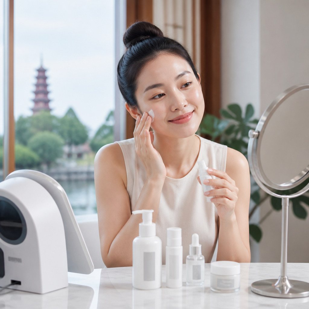 Người phụ nữ đang thoa sản phẩm chăm sóc da thiên nhiên lên mặt, thể hiện sự tin tưởng vào liệu trình.