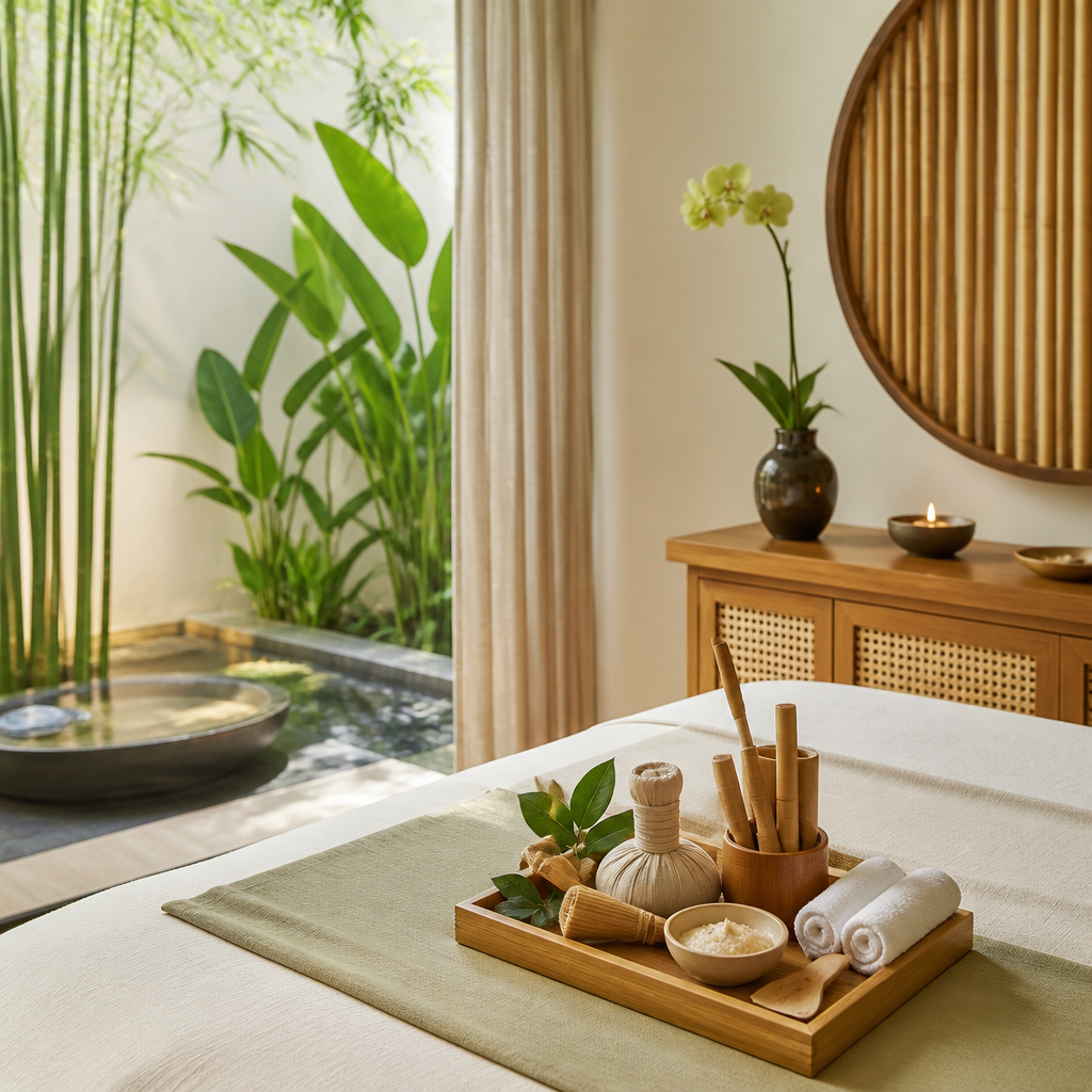 Một phòng trị liệu spa thân thiện môi trường với dụng cụ làm từ tre.