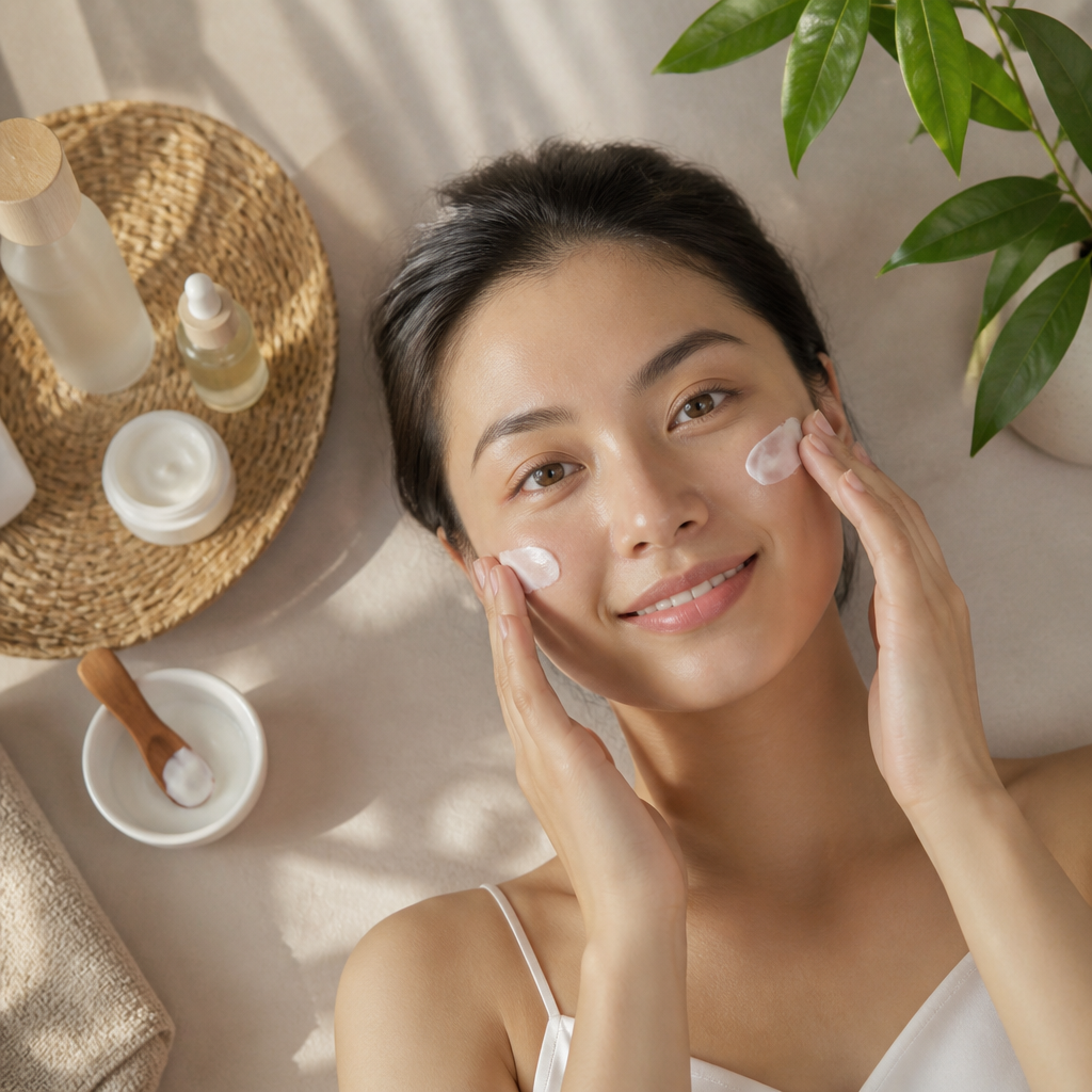 Một người phụ nữ đang thoa kem dưỡng ẩm lên mặt, minh họa cho quy trình chăm sóc da mặt cơ bản tại nhà.