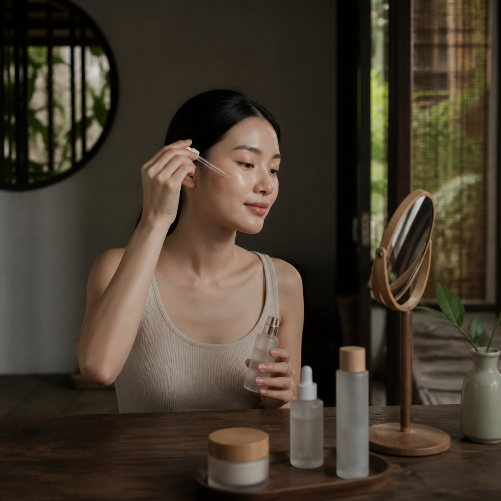 Một giọt serum đang nhỏ xuống má của một người phụ nữ, tượng trưng cho bước tinh chất dưỡng da trong quy trình chăm sóc da mặt cơ bản tại nhà.