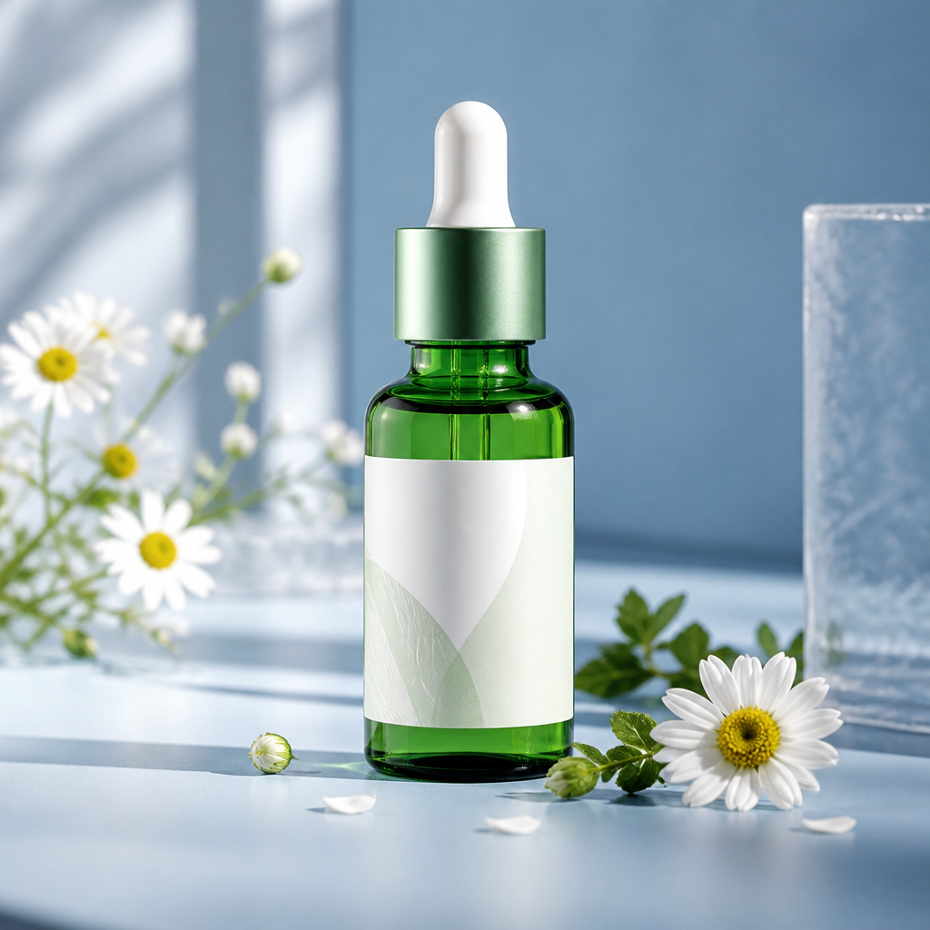 Cận cảnh chiết xuất cúc la mã, lá trà xanh và lọ serum dưỡng da.