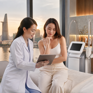 Một phụ nữ đang xem xét các lựa chọn công nghệ giảm béo không xâm lấn 2026