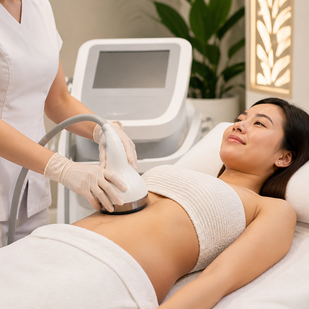 Kỹ thuật viên đang thực hiện liệu trình giảm béo bằng sóng RF trên vùng bụng
