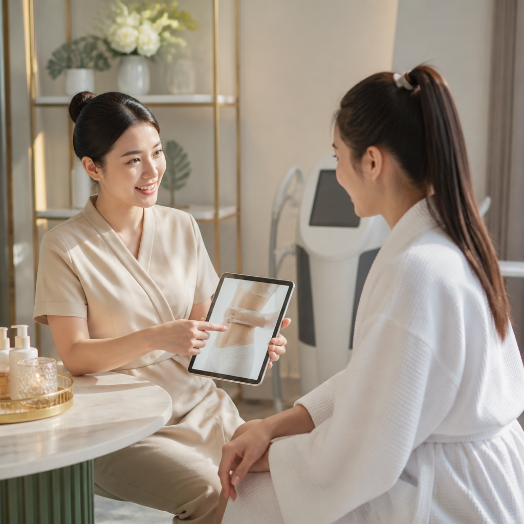 Khách hàng đang trao đổi với chuyên gia thẩm mỹ về lựa chọn công nghệ giảm béo