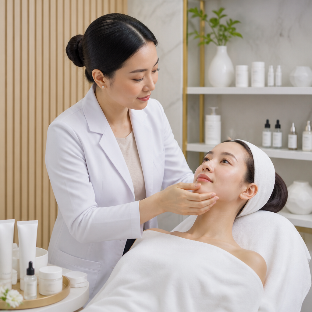 Chuyên gia đang thăm khám và tư vấn da cho khách hàng tại Thẩm Mỹ Thu Lâm