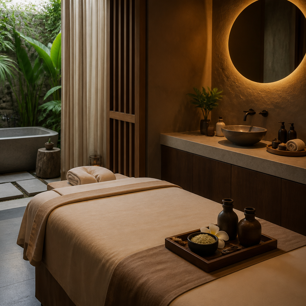 Một người phụ nữ đang thư giãn trên giường spa, được chuyên viên chăm sóc da mặt với các sản phẩm cao cấp