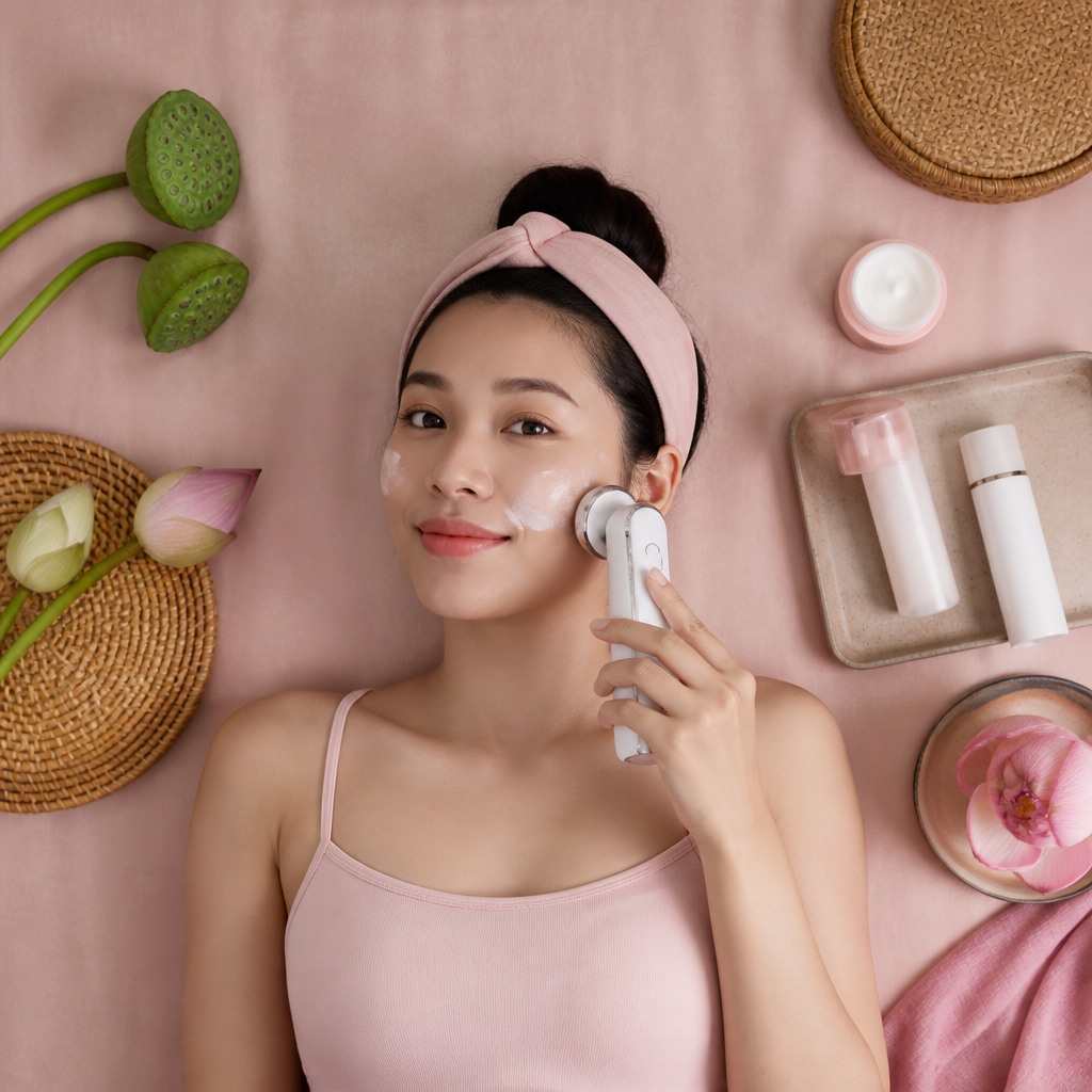 Một người phụ nữ đang sử dụng thiết bị điện tử để massage và đẩy tinh chất lên da mặt của mình