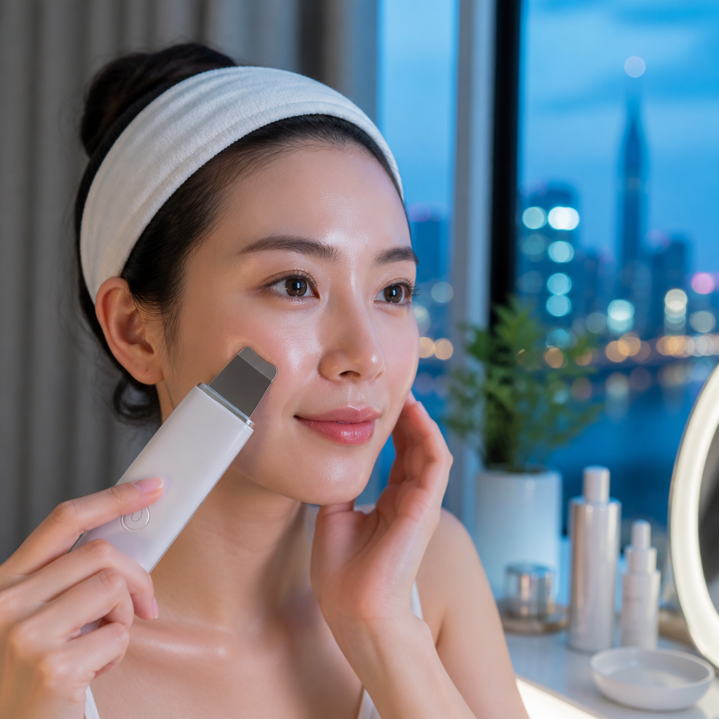 Một phụ nữ đang dùng máy làm đẹp cá nhân để chăm sóc da mặt tại nhà, bên cạnh là các sản phẩm dưỡng da