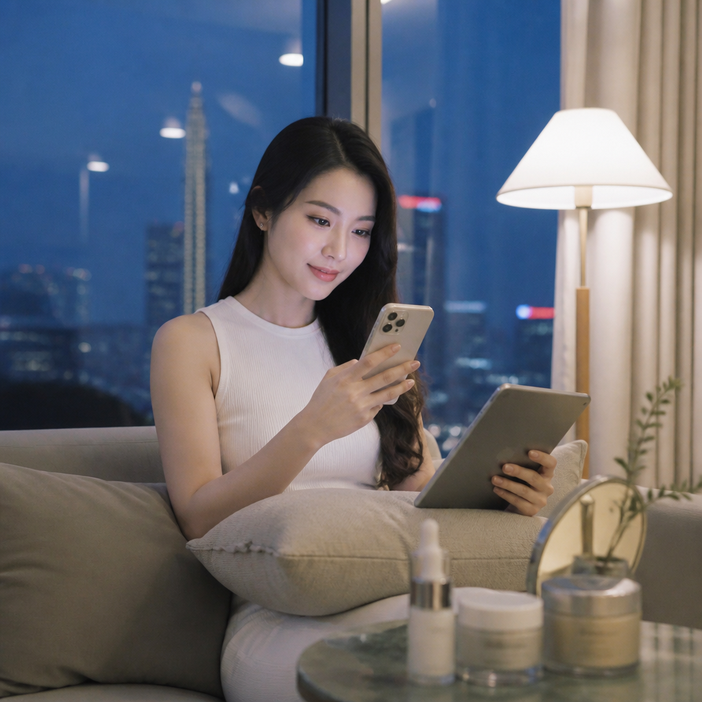Một người phụ nữ đang tìm kiếm dịch vụ làm đẹp mọi nơi trên nhiều thiết bị điện tử, thể hiện xu hướng tìm kiếm đa kênh.