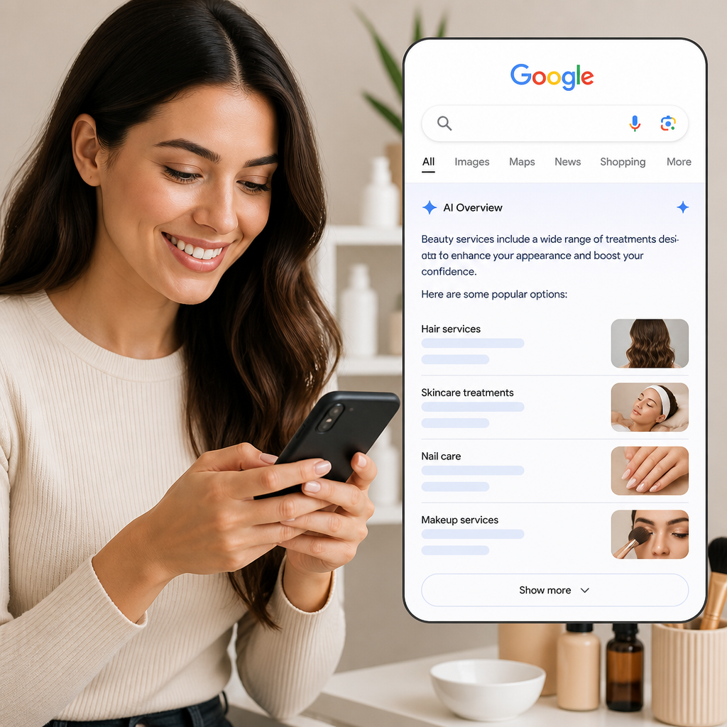 Màn hình máy tính hiển thị kết quả Google AI Overviews về thông tin làm đẹp, tóm tắt các dịch vụ và xu hướng.