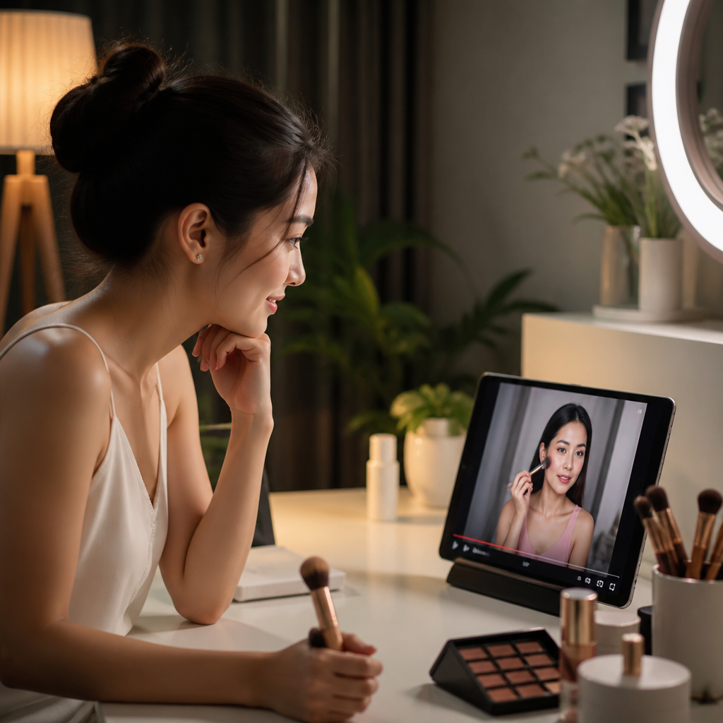 Một cô gái đang xem video hướng dẫn chăm sóc da mặt trên YouTube, minh họa cách học hỏi kinh nghiệm làm đẹp trực tuyến.