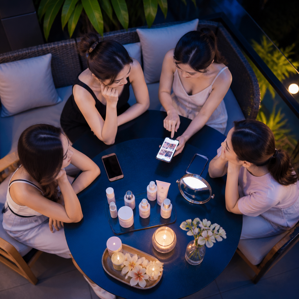 Hình ảnh một nhóm phụ nữ đang thảo luận về mỹ phẩm và dịch vụ làm đẹp trên một diễn đàn trực tuyến, chia sẻ kinh nghiệm thực tế.