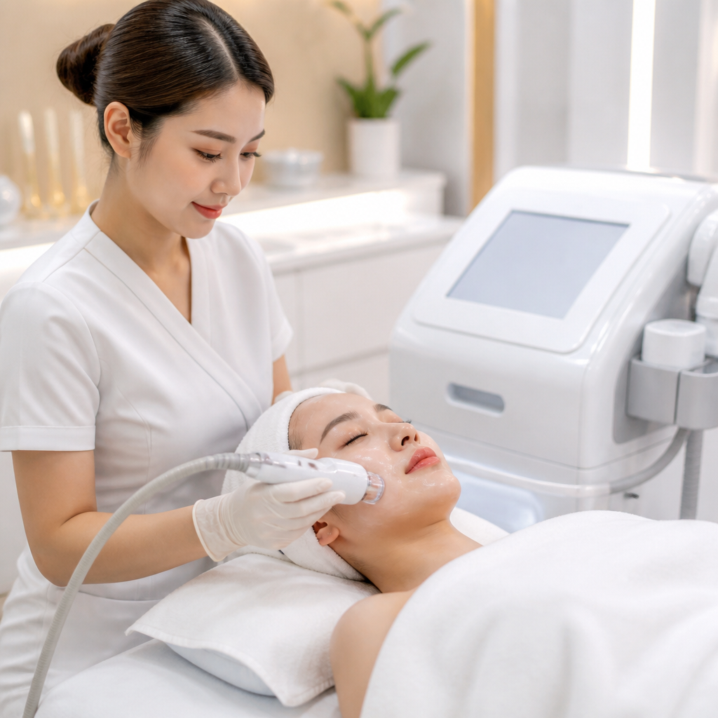 Một chuyên gia thẩm mỹ đang thực hiện liệu trình chăm sóc da mặt chuyên sâu bằng máy móc hiện đại, thể hiện chuyên môn và kinh nghiệm.