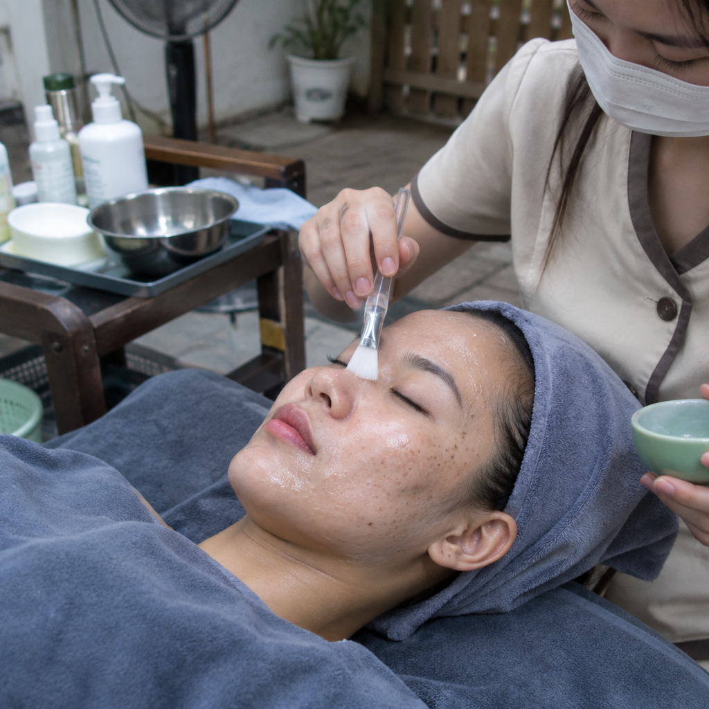 Chuyên viên spa đang thực hiện liệu trình chăm sóc da mặt chuyên sâu cho khách hàng trong không gian spa thư giãn.